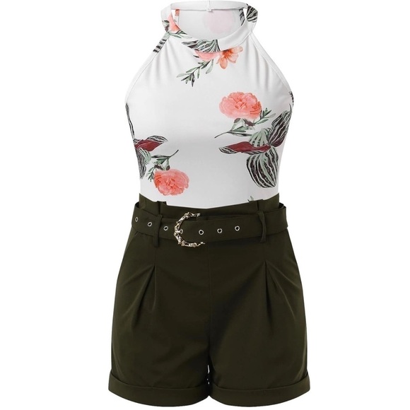 NEW 2pc Outfit Floral Print Halter Top & Army Green Shorts w/ Belt Size XL - Picture 5 of 15